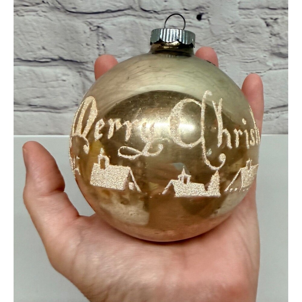 Vtg Shiny Brite Merry Christmas Jumbo Village Scene Stencil Glass Ornament